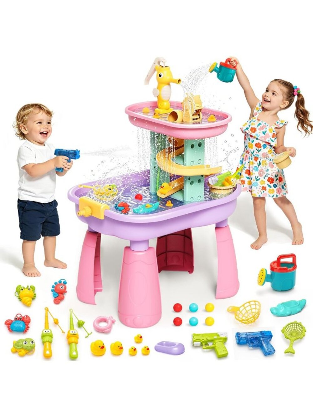 Kids Water Table Play Set - STEM 28PCS Rain Shower & Sand Fun for Ages 3-8